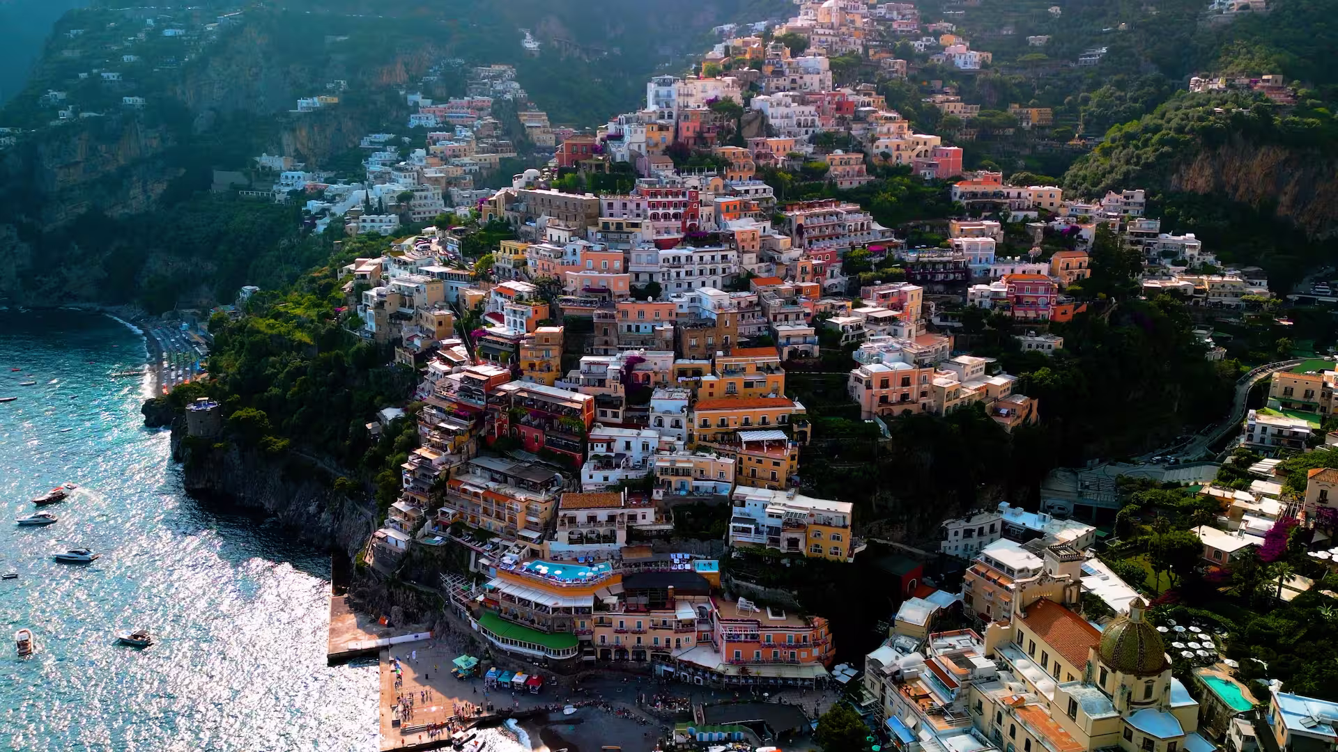 Italy Stunning aerial view of Positano with its colorful hillside buildings along the Amalfi Coast in Italy